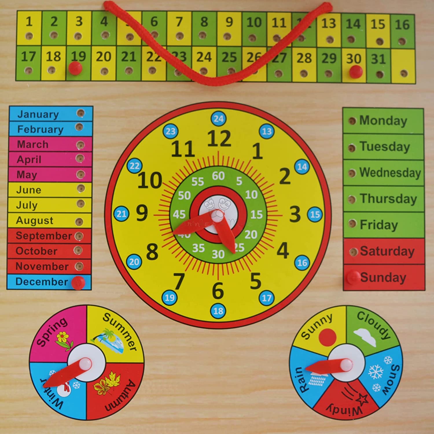  woody treasures - Montessori Wooden Toys Kids Clock - Wooden  Toy for 3 Year Olds - Unique Learning Toy for Toddlers Learn About Seasons,  Months, Days of Week, Time Telling 